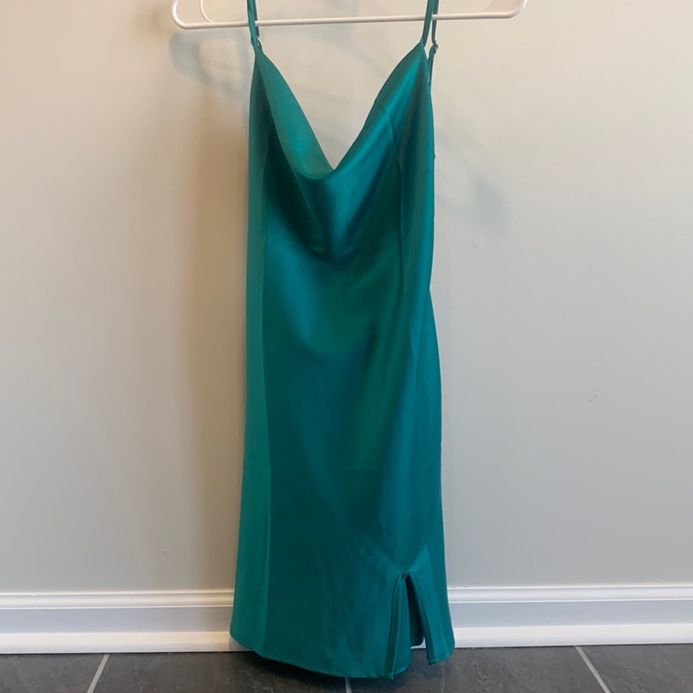 Emerald Green in color, satin dress, above the knee, double tie in back